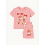 Kız Çocuk Zürafa Desenli Şortlu Pijama Takımı Pembe