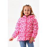 Kız Erkek Çocuk Iç Polarlı Kapüşonlu Çiçek Desenli Kışlık Şişme Mont & Kaban RB-107 - Pembe
