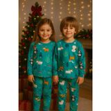 Kız-Erkek Çocuk Pijama Takımı, Teal Yeşili, Noel Temalı Desenli, Uzun Kollu, Kutup Hayvanları Baskılı, Kış Koleksiyonu 4-8 Yaş (Unisex) (5 YAŞ)