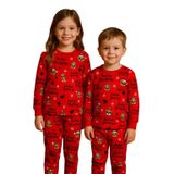 Kız-Erkek Çocuk Pijama Takımı, Yılbaşı Temalı, Uzun Kollu, Kırmızı, Merry Christmas Baskılı, Emoji Desenli, İnterlok Kumaş 4-8 Yaş Arası (Unisex) (5 YAŞ)