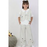 Kız Keten T-Shirt Yelek Pantolon 3lü Takım - 4 - 5 Yaş - Krem