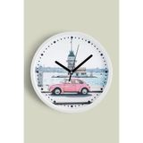 Kız Kulesi Ve Pembe Vosvos Modern Duvar Saati - 30cm - Önü Camlı Beyaz Kasa - Sessiz Mekanizma, JH0875S30BKP