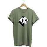 Kızgın Kükreyen Panda Baskılı %100 Pamuk Bisiklet Yaka Regular Fit T-Shirt - Haki