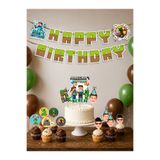 KiziHediye Kişiye Özel Minecraft Konsepti Doğum Günü Parti Seti - İsim Yazılı Pasta Süsü, Fotoğraflı Kürdan Süsü, Yaş Süsü ve Happy Birthday Flama