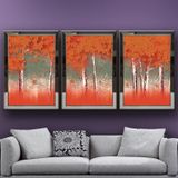 Kızıl Yapraklı Ağaçlar Temalı Aynalı Çerçeveli 3 lü Kanvas Tablo Seti 150x70 cm SETS0261