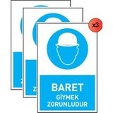 Kkdavm İş Güvenliği 3 Adet Levhası Baret Giymek Zorunludur Uyarı - Işaret Levhası(Bant ile Beraber) - 25 x 35