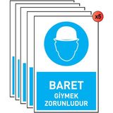 Kkdavm Iş Güvenliği 5 Adet Levhası Baret Giymek Zorunludur Uyarı Işaret Levhası + Bant - 25 x 35