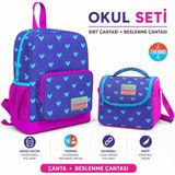 Klap Desenli Iki Bölmeli Okul Çantası 23606+Pembe Kalp Desenli Thermo Beslenme Çantası 11706