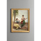 Klasik Kadın Figürleri ve Gitar Temalı Sanat - Vintage Desenli Çerçeve - İnce Model, Altın3, 21 x 30