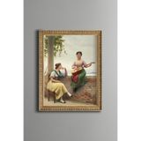 Klasik Kadın Figürleri ve Gitar Temalı Sanat - Vintage Desenli Çerçeve - İnce Model, Altın5, 30 x 40