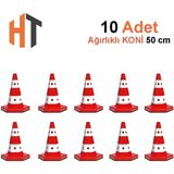 Klasik Kedi Gözlü Trafik Konisi 50 cm Ağırlıklı Trafik Dubası-10 Adet - Kırmızı - Beyaz