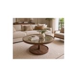 KLASS DEKOR Ceviz/ Meşe/ Beyaz/ Siyah TEMPERLİ CAM Masif Ahşap Balkon- Hol- Koridor- Mutfak- Salon- Ofis Yuvarlak Cosmos Orta Sehpa Çap 80 cm