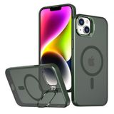 Klassegear iphone 13/14 uyumlu Metal Lens Koruma Çerçevesi/Standlı Güçlü Mıknatıslı Bağımsız Buton Hoparlör Koruma Mat Şeffaf Telefon Kılıfı (Yeşil)