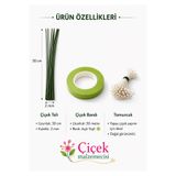 KLC Çiçek Malzemecisii Çiçek Yapım Seti – 10 Adet Çiçek Teli (30 cm) + 30 Metre Açık Yeşil Çiçek Bandı + Tomurcuk | Yapay Çiçek Hobi Seti