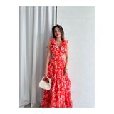 Klex Çiçek Desenli Yakası Volanlı Cut-Out Maxi Elbise 5059