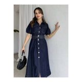 Klex Kadın Denim Elbise – Kemerli, Düğmeli, Kısa Kol, Günlük ve Şık Midi Jean Elbise