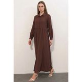 Klins Kids Kadın Gömlek Yaka Beli Büzgülü Balon Kol Düğmeli Kahverengi Tesettür Elbise - 44