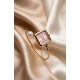 KLISHE Butik Kadın Çelik Saat Gold Renk & Pembe Kadran Kare Kasa İnci Detaylı Vintage Old Money Lüks Zarif Şık Kadın Kol Saati 2026