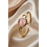 KLISHE Butik Kadın Çelik Saat Gold Renk & Pembe Kadran Kelepçeli Vintage Old Money Zarif Şık Lüks Premium Kadın Kol Saati 2026