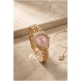 KLISHE Butik Princess Kadın Çelik Saat Gold Renk Pembe Kadran Taşlı Kasa Vintage Saat Old Money Luxury Zarif Şık Kadın Kol Saati | Limited Edition 2026