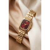 KLISHE Butik Royale Queen Kadın Çelik Saat Gold Renk & Bordo Kadran Vintage Kare Oval Kasa Old Money Klasik Zarif Lüks Kadın Kol Saati Premium Limited Edition 2026