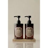 Kloppenhug Ahşap Stantlı 2’li Amber Sabunluk Seti 400ml - Hand Soap & Hand Lotion Dispenser - 400HHCCOVAL