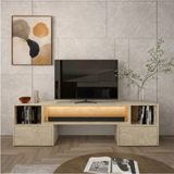 Klubeconcept Berlin LED Traverten Tv Ünitesi 192 cm Altın Detay Berlin Glow Altın Detaylı Traverten Desenli LED Tv Ünitesi Modern 192 cm