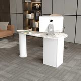 Klubeconcept Mermer Desenli Modern Ofis Masası Yivli Silindirik Ayaklı 3 Çekmeceli Mdf Çalışma Masası 120 cm - Gümüş