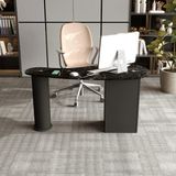 Klubeconcept Mermer Desenli Modern Ofis Masası Yivli Silindirik Ayaklı 3 Çekmeceli Mdf Çalışma Masası 120 cm - Siyah