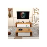 Klubeconcept Modern Travertan Mermer Desenli Tv Ünitesi Orta Sehpa Seti – Beyaz Kapaklı Led’li Takım %100 Mdf