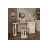 klubeconcept Ponpon Detaylı Makyaj Masası Seti Ayna ve Puf Dahil El Yapımı Dekoratif Tasarım % 100 MDF