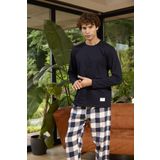 Kly 8058 Erkek Sıfır Yaka Ekose Uzun Kollu Pijama Takım