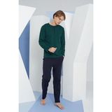 KLY 9111 Erkek Büyük Beden %100 Pamuklu Midi Yaka Uzun Kollu Pijama Takım - 3XL - Yeşil