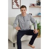 KLY 9111 Erkek Büyük Beden %100 Pamuklu Midi Yaka Uzun Kollu Pijama Takım - Gri - 3XL