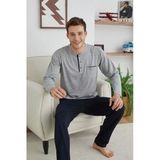 Kly 9111 Erkek Büyük Beden %100 Pamuklu Midi Yaka Uzun Kollu Pijama Takım