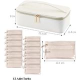KM-10 Lüks Takı Kutusu, Beyaz Deri, 23.5x11.8x8 cm, Taşınabilir Mücevher Organizatörü, 12 Adet Kese Hediyeli, Fermuarlı Saklama Çantası