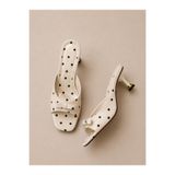 KM shoes BEJ Puantiyeli Kadın Terlik 5 Cm Topuklu Fiyonklu Günlük Şık Terlik