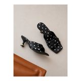 KM shoes SİYAH saten Puantiyeli Kadın Terlik 5 Cm Topuklu Fiyonklu Günlük Şık Terlik