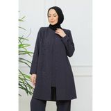 KMK Kombin Kadın Çiçek Işlemeli Şık Pantolonlu Tesettür Takım - Füme - 44