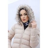 KMK Kombin Kadın Uzun Dolgulu Siyah Şişme Mont - 02S-Bej - 48