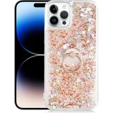 Kny Apple Apple iPhone 14 Pro Max Kılıf Sıvılı Kalpli Yüzüklü Hareketli Milce Kapak - Gold