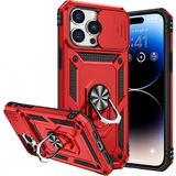 KNY Apple İphone 14 Pro Max Kılıf Ultra Korumalı Yüzüklü Manyetik Sürgülü Vega Kapak Kırmızı