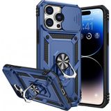 KNY Apple İphone 14 Pro Max Kılıf Ultra Korumalı Yüzüklü Manyetik Sürgülü Vega Kapak Lacivert