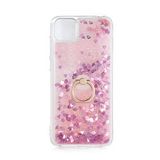 KNY Huawei Y5P Kılıf Simli Sıvılı Kalplı Yüzüklü Milce Kapak Pembe