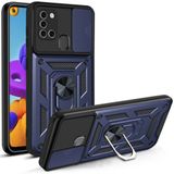 KNY Samsung Galaxy A21S Kılıf Ultra Korumalı Yüzüklü Manyetik Sürgülü Vega Kapak Lacivert