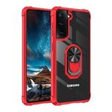 KNY Samsung Galaxy S21 FE Kılıf Silikon Kenarlı Yüzüklü Manyetik Şeffaf Mola Kapak Kırmızı