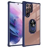 KNY Samsung Galaxy S22 Ultra Kılıf Silikon Kenarlı Yüzüklkü Manyetik Şeffaf Mola Kapak Lacivert