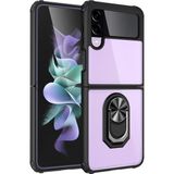 Kny Samsung Galaxy Z Flip 3 Kılıf Silikon Kenarlı Yüzüklü Standlı Manyetik Şeffaf Mola Kapak - Siyah - Galaxy Z Flip3