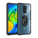 KNY Xiaomi Redmi Note 9 Kılıf Silikon Kenarlı Yüzüklü Manyetik Mola Kapak Siyah