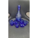 Kobalt Mavi Kristal Cam Sürahi ve Bardak Seti, 30x12cm Sürahi, 6 Adet 8x11x6,5cm Bardak, Antik Desenli